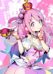 Rule 34 | 1girl, blush, bow, candy hair ornament, crown, dress, earrings, food-themed hair ornament, gradient hair, green eyes, hair ornament, hair rings, heterochromia, himemori luna, himemori luna (1st costume), hololive, jewelry, long hair, looking at viewer, mini crown, multicolored hair, one side up, onono imoko, pink eyes, pink hair, princess, ribbon, sidelocks, smile, solo, virtual youtuber, wavy hair