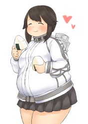 Rule 34 | 10s, 1girl, ^ ^, belly, blush, bou (starless2323), breasts, brown hair, closed eyes, eating, closed eyes, fat, food, foodgasm, fusa (starless2323), happy, hayasui (kancolle), heart, highres, jacket, kantai collection, medium breasts, miniskirt, obese, onigiri, simple background, skirt, smile, solo, standing, track jacket