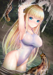 Rule 34 | 1girl, absurdres, arms up, blonde hair, blurry, breasts, chinese commentary, commentary request, competition swimsuit, covered navel, depth of field, green eyes, highleg, highleg swimsuit, highres, large breasts, long hair, mixed-language commentary, one-piece swimsuit, original, restrained, slime (substance), slug, soaking feet, swimsuit, wading, water, white one-piece swimsuit, yokami