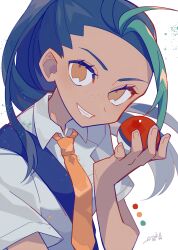 Rule 34 | 1girl, auko, black hair, collared shirt, color guide, commentary request, creatures (company), dark-skinned female, dark skin, freckles, game freak, green hair, grin, highres, holding, holding poke ball, looking at viewer, multicolored hair, naranja academy school uniform, necktie, nemona (pokemon), nintendo, poke ball, pokemon, pokemon sv, school uniform, shirt, short sleeves, signature, simple background, smile, solo, streaked hair, white background, white shirt, yellow eyes, yellow necktie