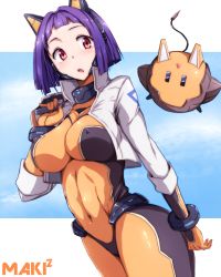 Rule 34 | 1girl, audio jack, blue sky, blush, bodysuit, bracelet, breasts, cloud, covered erect nipples, covered navel, cropped jacket, day, highres, jewelry, large breasts, looking away, open mouth, original, pilot suit, purple hair, red eyes, robot, robot ears, runaru, short hair, sky, tail
