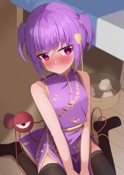 Rule 34 | &gt;:(, 1girl, absurdres, alternate costume, alternate hairstyle, bare arms, bare shoulders, between legs, black thighhighs, blush, china dress, chinese clothes, closed mouth, commentary request, dress, embarrassed, floral print, frown, hair between eyes, hair ornament, hand between legs, head tilt, heart, heart hair ornament, highres, indoors, kirisame oreo, knees out of frame, komeiji satori, looking at viewer, no shoes, nose blush, pink eyes, print dress, purple dress, purple hair, red eyes, short hair, short twintails, sitting, sleeveless, sleeveless dress, solo, split mouth, thighhighs, third eye, touhou, tsurime, twintails, v-shaped eyebrows, v arms, wariza