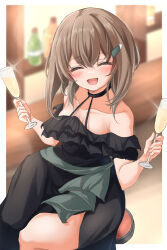Rule 34 | 1girl, alternate costume, bar (place), bare shoulders, black dress, brown hair, champagne flute, closed eyes, collarbone, commentary request, cup, dress, drinking glass, facing viewer, feet out of frame, hair ornament, hairclip, highres, kantai collection, kasashi (kasasi008), short hair with long locks, smile, solo, stool, taihou (kancolle)