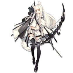 Rule 34 | 1girl, animal ear fluff, animal ears, arknights, asymmetrical shirt, asymmetrical sleeves, belt, black footwear, black gloves, black thighhighs, boots, bow (weapon), breasts, brown eyes, cloak, compound bow, elbow gloves, expressionless, full body, gloves, high collar, holding, holding bow (weapon), holding weapon, horse ears, horse girl, horse tail, jacket, long hair, long sleeves, looking at viewer, official art, platinum (arknights), shirt, short shorts, shorts, skade, small breasts, solo, standing, tachi-e, tail, thighhighs, transparent background, uneven sleeves, very long hair, weapon, white cloak, white hair, white shirt, white shorts, wide sleeves, zipper