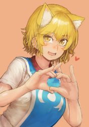 Rule 34 | 1girl, :d, absurdres, animal ears, blonde hair, brooch, chanta (ayatakaoisii), colored skin, double fox shadow puppet, fang, fox ears, fox shadow puppet, heart, heart hands, highres, jewelry, open mouth, orange background, shirt, short hair, simple background, slit pupils, smile, solo, tabard, touhou, upper body, white shirt, white skin, yakumo ran, yellow eyes
