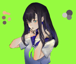 Rule 34 | 1girl, blue eyes, blue sailor collar, brown hair, check copyright, collared shirt, color guide, commentary, copyright request, eyelashes, fingernails, frown, green background, green necktie, hands on own shoulders, highres, looking at viewer, medium hair, necktie, open mouth, original, ranko no ane, sailor collar, sailor shirt, school uniform, shirt, short sleeves, sidelocks, straight hair, upper body, white shirt, wide-eyed