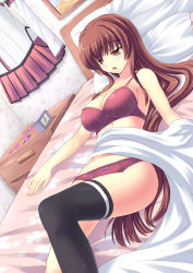 Rule 34 | 10s, 1girl, bed, black thighhighs, blanket, blouse, bow, bow panties, bra, breasts, brown eyes, brown hair, hair down, hair ornament, highres, kantai collection, large breasts, long hair, lying, on back, on bed, open mouth, panties, petals, pillow, pink bra, pink panties, red bra, red panties, shirt, single thighhigh, skirt, solo, srwsrx (gp03dsrx), thighhighs, underwear, underwear only, watch, yamato (kancolle)