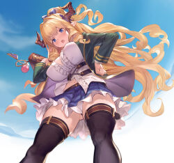 Rule 34 | 1girl, blonde hair, blue bow, blue eyes, blue skirt, bow, breasts, center opening, commentary request, cowboy shot, draph, frilled skirt, frills, from behind, gluteal fold, granblue fantasy, hair bow, hair intakes, hand on own hip, highres, holding, horns, jacket, large breasts, long hair, looking down, midriff peek, miniskirt, navel, open clothes, open jacket, open mouth, pleated skirt, pointy ears, razia, skirt, solo, sweatdrop, teeth, u jie, upper teeth only