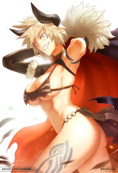 Rule 34 | 10s, 1girl, arms up, artist request, ass, bad id, bad pixiv id, bakugou mitsuki, bikini, blonde hair, blush, boku no hero academia, breasts, cape, clothes lift, female focus, horns, koshiosaur, large breasts, looking at viewer, mature female, patreon, red eyes, shiny skin, shirt lift, short hair, simple background, smile, solo, spiked hair, swimsuit, thong, white background