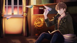 Rule 34 | 1boy, blue pants, book, brown eyes, brown hair, cabinet, closed mouth, curtains, green jacket, highres, indoors, jacket, jewelry, key, long sleeves, luke pearce (tears of themis), male focus, necklace, pants, paper airplane, shirt, short hair, sitting, smile, solo, sunset, tears of themis, vako (j7920), window, yellow shirt