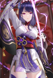 Rule 34 | 1girl, bare shoulders, braid, breasts, cleavage, detached collar, genshin impact, hair ornament, highres, japanese clothes, kfr, kimono, large breasts, long hair, long sleeves, looking at viewer, low-braided long hair, low-tied long hair, mole, mole under eye, obi, off shoulder, purple eyes, purple hair, purple kimono, purple thighhighs, raiden shogun, sash, solo, thighhighs, thighs, wide sleeves