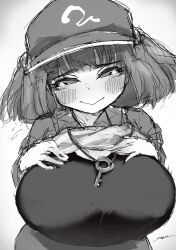 Rule 34 | 1girl, absurdres, blush, breasts, closed mouth, commentary request, flat cap, greyscale, hands on own chest, hat, highres, huge breasts, kawashiro nitori, key, looking at viewer, monochrome, navel, qralto, sketch, smile, solo, touhou, upper body, variant set