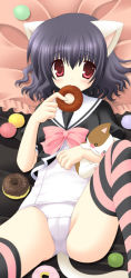 Rule 34 | 1girl, animal ears, bed, black hair, blush, cameltoe, cat, cat ears, cat tail, curly hair, doughnut, eating, food, frilled pillow, frills, lying, macaron, nekoneko, one-piece swimsuit, pillow, purple hair, red eyes, school swimsuit, school uniform, short hair, solo, striped clothes, striped thighhighs, swimsuit, tail, thighhighs, white one-piece swimsuit, white school swimsuit