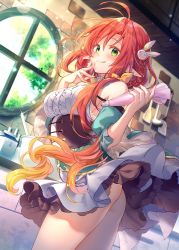 Rule 34 | ahoge, ass, braid, bubble skirt, commentary request, corset, cream, elf, gradient hair, green eyes, hair ornament, indoors, long hair, looking at viewer, multicolored hair, original, smoking pipe, pointy ears, red hair, riichu, skirt, solo, tongue