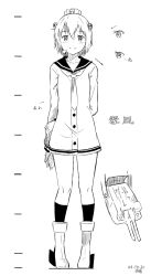 Rule 34 | 1girl, adapted costume, arm behind back, character name, commentary request, dress, full body, greyscale, headset, hikashima (shiofune), kantai collection, looking at viewer, monochrome, neckerchief, rudder footwear, sailor dress, short hair, socks, solo, speaking tube headset, yukikaze (kancolle)