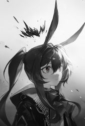 Rule 34 | 1girl, absurdres, amiya (arknights), animal ears, arknights, ascot, closed mouth, clothes writing, coat, crown, gradient background, grey background, grey theme, greyscale, highres, hood, hood down, hooded coat, long hair, monochrome, open clothes, open coat, ponytail, qingfeng canying, rabbit ears, sidelocks, solo, spot color, upper body, white background