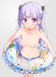 Rule 34 | 10s, 1girl, blunt bangs, breasts, collarbone, grey background, innertube, looking at viewer, navel, new game!, nude filter, open mouth, purple eyes, purple hair, simple background, small breasts, solo, standing, suzukaze aoba, swim ring, third-party edit, tokunou shoutarou, topless