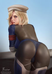 Rule 34 | 1girl, alternate hairstyle, armband, artist name, ass, bent over, beret, blonde hair, blue bodysuit, blue eyes, blue sky, bodysuit, combat medic ziegler, commentary, day, eyeshadow, firolian, from behind, hand on own face, hat, highres, leaning forward, lips, long sleeves, looking at viewer, looking back, makeup, mercy (overwatch), no wings, nose, official alternate costume, open mouth, outdoors, overwatch, overwatch 1, pink lips, realistic, short hair, signature, sky, smile, solo, wall, watermark, web address, white hat