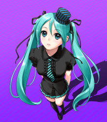 Rule 34 | 1girl, aqua eyes, aqua hair, black thighhighs, foreshortening, from above, green eyes, green hair, hat, hatsune miku, highres, long hair, looking up, mary janes, matching hair/eyes, mignon, mini hat, mini top hat, necktie, pleated skirt, shoes, skirt, solo, striped, striped background, thighhighs, top hat, twintails, very long hair, vocaloid