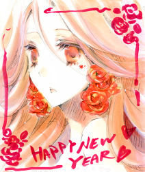 Rule 34 | 10s, 1girl, 2010, bad id, bad pixiv id, blonde hair, earrings, english text, female focus, flower, jewelry, kana (sekiyou), long hair, marker (medium), new year, open mouth, orange eyes, portrait, red eyes, sketch, solo, traditional media