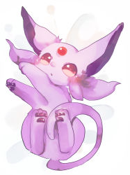 Rule 34 | absurdres, animal focus, bad id, bad pixiv id, banchiku, bed sheet, blush, creatures (company), espeon, forehead jewel, from above, full body, game freak, gen 2 pokemon, highres, looking at viewer, lying, nintendo, no humans, on back, open mouth, pawpads, pokemon, pokemon (creature), red eyes, simple background, solo, white background