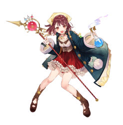 Rule 34 | 1girl, atelier (series), atelier sophie, breasts, brown hair, female focus, flask, jacket, official art, simple background, solo, sophie neuenmuller, staff, weapon