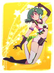 Rule 34 | 1girl, arm strap, black footwear, black gloves, boots, breasts, chaku (horhor71), collarbone, elbow gloves, gloves, green hair, head tilt, jumping, macross, macross frontier, midriff, navel, pointing, ranka lee, red eyes, shorts, single thigh boot, small breasts, smile, solo, star (symbol), thigh boots, thighhighs, two-tone footwear, uta macross sumaho deculture, white footwear