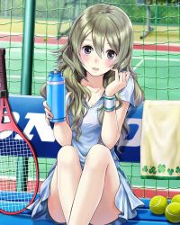 Rule 34 | 1girl, :d, absurdres, ball, black eyes, blush, breasts, brown hair, cleavage, collarbone, day, grey shirt, grey skirt, head tilt, highres, holding, long hair, looking at viewer, miniskirt, open mouth, outdoors, racket, school fanfare, shirt, short sleeves, sitting, skirt, small breasts, smile, solo, sweatdrop, tennis ball, tennis racket, wristband