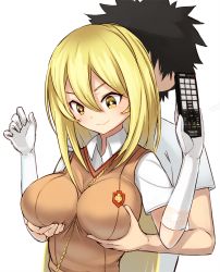 Rule 34 | + +, 1boy, 1girl, arms up, bad id, bad pixiv id, between breasts, black hair, blonde hair, breasts, chain, controller, gloves, grabbing, grabbing another&#039;s breast, hair between eyes, hetero, impossible clothes, kamijou touma, large breasts, long hair, looking down, nosuku, remote control, school uniform, shirt, shokuhou misaki, short sleeves, simple background, smirk, solo focus, spider web print, spiked hair, strap between breasts, sweater vest, symbol-shaped pupils, toaru kagaku no railgun, toaru majutsu no index, v-neck, white background, white gloves, yellow eyes
