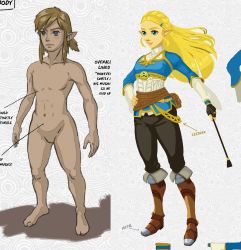 Rule 34 | 1boy, 1girl, abs, absurdres, aqua eyes, arms at sides, artbook, bag, barefoot, belt pouch, black gloves, black pants, blonde hair, blue eyes, blue shirt, boots, braid, brown footwear, bulge, closed mouth, clothed female nude male, collarbone, concept art, crotch, crown braid, english text, feet, fingerless gloves, full body, gloves, gluteal fold, hair ornament, hairclip, hand on own hip, highres, knee boots, leather, leather boots, legs, link, long hair, long sleeves, navel, nintendo, no nipples, no penis, no testicles, nude, official art, pants, pectorals, pectorals, pointy ears, pouch, princess, princess zelda, riding crop, shirt, smile, standing, stomach, the legend of zelda, the legend of zelda: breath of the wild, thick eyebrows, thighs, third-party edit, tight clothes, tight pants, triforce