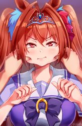 Rule 34 | 1girl, annoyed, antenna hair, artist name, bow, cheek pinching, closed mouth, commentary request, daiwa scarlet (umamusume), disembodied limb, gradient background, hair intakes, hair ornament, highres, kazetuki, long hair, pinching, puffy sleeves, purple bow, red eyes, red hair, sailor collar, school uniform, short sleeves, solo, solo focus, tracen school uniform, umamusume, upper body, v-shaped eyebrows, very long hair