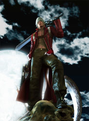 Rule 34 | 00s, 1boy, abs, boots, capcom, cloud, dante (devil may cry), devil may cry (series), dual wielding, fingerless gloves, full body, gloves, gun, handgun, holding, jacket, leather, leather pants, long coat, male focus, monster, muscular, official art, outdoors, pants, red jacket, sky, solo, topless male, weapon, white hair