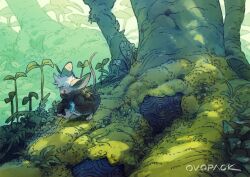 Rule 34 | animal, animal focus, artist name, black cloak, cloak, clothed animal, commentary, dappled sunlight, day, foliage, forest, from side, green theme, highres, jewelry, landscape, leaf, mito (murayama ryota), moss, mouse (animal), murayama ryota, nature, no humans, original, outdoors, pendant, plant roots, quiver, scenery, signature, solo, sunlight, tail, tree, walking, wide shot