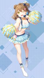 Rule 34 | 1girl, ;d, ahoge, bandeau, bare legs, bare shoulders, bead necklace, beads, blue skirt, blue socks, breasts, brown hair, cheerleader, cleavage, full body, girl cafe gun, hair bun, highres, holding, holding pom poms, jewelry, kinako (shiratama mochi), looking at viewer, medium breasts, medium hair, midriff, miniskirt, navel, necklace, official art, one eye closed, one side up, open mouth, outstretched arm, pom pom (cheerleading), pom poms, shoes, side bun, single hair bun, single side bun, skirt, smile, socks, solo, stomach, su xiaozhen, vest, white footwear, white vest, yellow eyes