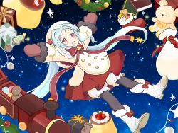 Rule 34 | 1girl, black pantyhose, bloomers, blue hair, blush, boots, bow, bowtie, box, buttons, christmas lights, christmas stocking, coat, commentary request, cookie, double-breasted, food, full body, gift, gift box, hat, highres, long hair, long sleeves, mittens, miyako (christmas) (princess connect!), miyako (princess connect!), onigiri noe, open mouth, pantyhose, princess connect!, pudding, red eyes, red skirt, skirt, solo, star (sky), stuffed animal, stuffed toy, teddy bear, train, underwear, white coat, white footwear, wreath