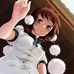Rule 34 | 1girl, blush, breast pocket, breasts, brown hair, day, from below, grin, hand up, hat, highres, looking at viewer, nuqura, perspective, pocket, pov, red eyes, ribbon, shameimaru aya, shirt, shirt pocket, short hair, short sleeves, smile, solo, tokin hat, touhou, upper body, white shirt