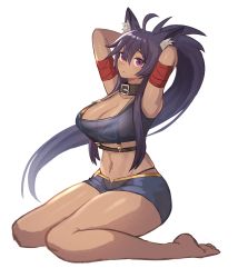 Rule 34 | 1girl, absurdres, ahoge, animal ears, arms up, bare legs, bare shoulders, bikini, bikini top only, borrowed character, breasts, cat ears, closed mouth, collar, commission, dark-skinned female, dark skin, full body, highres, large breasts, long hair, midriff, navel, original, pink hair, pixiv commission, ponytail, purple hair, see-through, short shorts, shorts, simple background, sitting, solo, sookmo, swimsuit, thick thighs, thighs, very long hair, wariza, white background