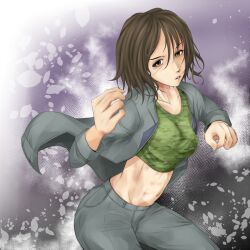 Rule 34 | 1girl, abs, breasts, brown eyes, brown hair, commentary request, feet out of frame, fighting stance, green tank top, grey jacket, grey pants, hair between eyes, hands up, jacket, long sleeves, looking at viewer, medium breasts, medium hair, midriff, navel, open clothes, open jacket, pants, parted lips, shin (highest1192), solo, stomach, tank top, teshio megumi, toaru majutsu no index, toaru majutsu no index: old testament, toned