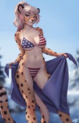 Rule 34 | 1girl, american flag bikini, animal ears, animal print, artist name, bikini, blue sky, body fur, breasts, cheetah ears, cheetah girl, cheetah print, cheetah tail, cleft of venus, commentary, day, flag print, furry, furry female, highres, holding, holding towel, large breasts, looking at viewer, navel, original, outdoors, personal ami, purple eyes, side-tie bikini bottom, sky, smile, solo, standing, star (symbol), striped bikini, striped clothes, swimsuit, tail, towel