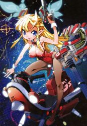 Rule 34 | 1girl, absurdres, blonde hair, blue eyes, bow, bowtie, breasts, cleavage, detached collar, gatling gun, gun, hair ornament, handgun, head wings, high heels, highres, hover bike, large breasts, leotard, naitou ryuu, open mouth, pantyhose, pistol, playboy bunny, pointy ears, scan, science fiction, shoes, smile, solo, star (symbol), thighhighs, weapon, wings