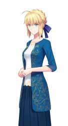 Rule 34 | 1girl, adapted costume, ahoge, artoria pendragon (all), artoria pendragon (fate), blonde hair, blue eyes, blue ribbon, blue skirt, braid, breasts, casual, collarbone, commentary request, fate/stay night, fate (series), fateline alpha, hair ribbon, highres, jacket, jewelry, long skirt, looking at viewer, medium breasts, open clothes, open jacket, own hands together, ribbon, ring, saber (fate), shirt, short hair, simple background, skirt, sleeves past elbows, solo, standing, tsurime, wedding band, white background, white shirt