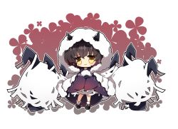 Rule 34 | 1girl, absurdres, black footwear, black hair, black wings, brown eyes, chibi, closed mouth, coat, commentary request, floral background, fur-trimmed coat, fur trim, hair between eyes, highres, hood, hood up, hooded coat, horns, horns through headwear, japanese clothes, kimono, long sleeves, looking at viewer, milkpanda, monster hunter (series), personification, purple kimono, rakna-kadaki, sandals, short eyebrows, simple background, sleeves past fingers, sleeves past wrists, smile, socks, solo, tabi, thick eyebrows, white background, white coat, white socks, wings, zouri