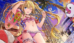 Rule 34 | 10s, 1girl, :d, ;d, arm up, armpits, ball, bare shoulders, beachball, bikini, bird, blonde hair, blue eyes, blue sky, blush, bow, bracelet, bridal garter, cardfight!! vanguard g, cloud, commentary request, crown, day, flat chest, frilled bikini, frills, from below, gluteal fold, heart, highres, innertube, jeffrey10, jewelry, long hair, looking at viewer, looking down, mini crown, navel, one eye closed, open mouth, outdoors, pacifica (cardfight!! vanguard), palm tree, penguin, pink bikini, polka dot, polka dot bikini, red bow, red neckwear, sky, smile, solo, stage, standing, stomach, swim ring, swimsuit, tareme, thighs, tree, twintails, water