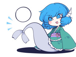 Rule 34 | 1girl, blue eyes, blue hair, blush stickers, chahan (fried rice0614), fins, green kimono, head fins, japanese clothes, kimono, mermaid, monster girl, obi, one-hour drawing challenge, open mouth, sash, short hair, simple background, sleeves past fingers, sleeves past wrists, smile, solo, touhou, wakasagihime, white background, wide sleeves