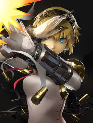 Rule 34 | 1girl, aegis (persona), android, arms up, blonde hair, blue eyes, breasts, cartridge, closed mouth, dark background, explosion, headgear, highres, joints, medium breasts, persona, persona 3, qosic, robot joints, short hair, smoke, solo, upper body
