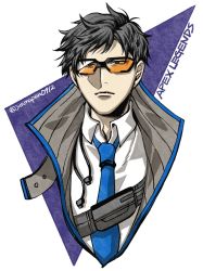 Rule 34 | 1boy, animification, apex legends, black eyes, black hair, blue necktie, collared shirt, copyright name, crypto (apex legends), highres, inconspicuous crypto, jacket, looking at viewer, male focus, mozuwaka, necktie, negative space, shirt, solo, sunglasses, twitter username, upper body, white shirt