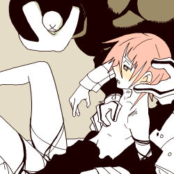 Rule 34 | 00s, androgynous, bed, black skin, blush, colored skin, crona (soul eater), gender request, gloves, leg lift, legs, muscular, on bed, open clothes, open mouth, pink hair, ragnarok (demon sword), short hair, soul eater, striped clothes, striped gloves, x x