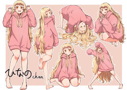 Rule 34 | 1girl, :d, arms up, barefoot, blonde hair, brown background, claw pose, closed mouth, colored eyelashes, highres, hood, hood down, hoodie, long hair, long sleeves, makano mucchi, multiple views, open mouth, orange eyes, original, outline, pink hoodie, puffy long sleeves, puffy sleeves, short eyebrows, sleeves past fingers, sleeves past wrists, smile, soles, standing, standing on one leg, steepled fingers, thick eyebrows, translation request, two-tone background, very long hair, white background, white outline