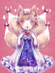 Rule 34 | 1girl, aburaage, animal ears, blonde hair, food, fox ears, fox tail, hat, highres, multiple tails, open mouth, sanso, short hair, solo, tail, touhou, yakumo ran, yellow eyes, aged down