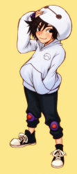 Rule 34 | 1boy, arm up, baymax, big hero 6, black eyes, black hair, blush, capri pants, chiba toshirou, disney, fingerless gloves, full body, gloves, hand in pocket, hiro hamada, hood, hoodie, knee pads, looking at viewer, male focus, marvel, pants, shin guards, shoes, simple background, smile, sneakers, solo, spiked hair, standing, yellow background